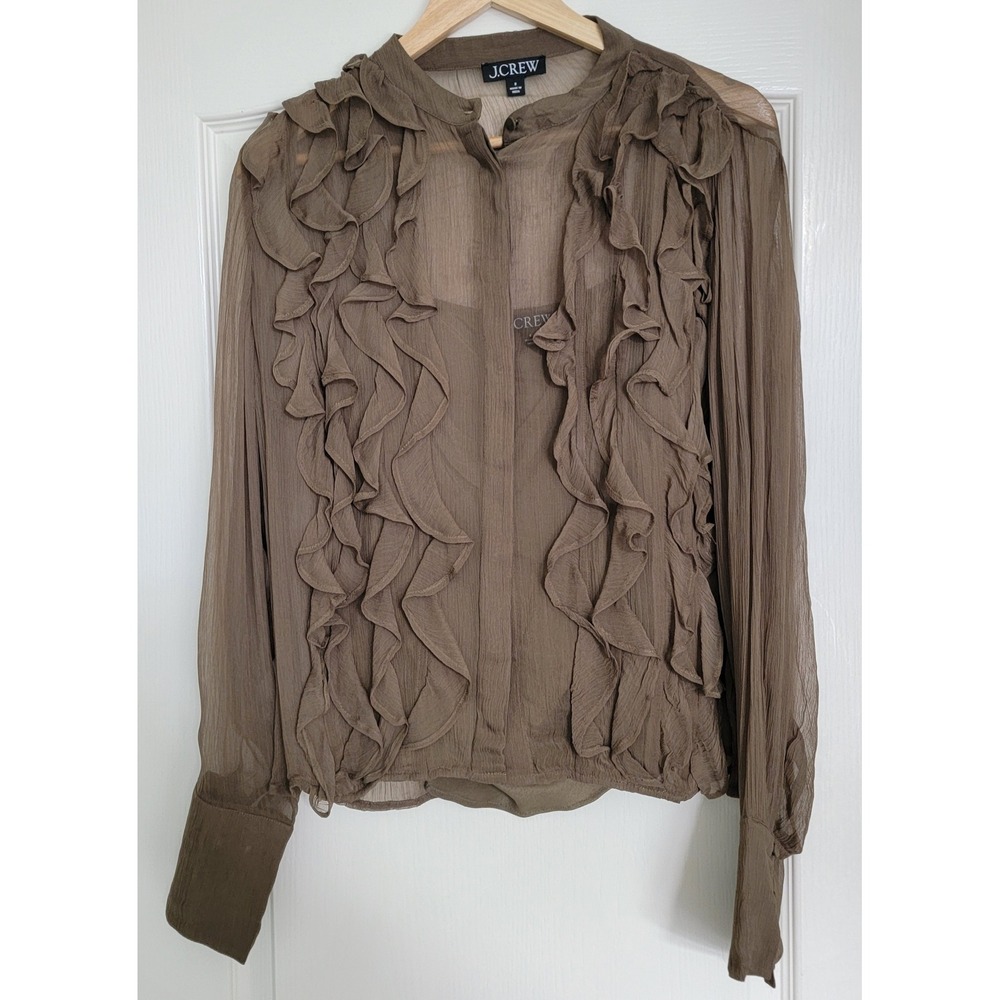J.Crew Ruffle-Front Top Sz 8 Crinkle Cupro Sheer Olive Green Camisole Included